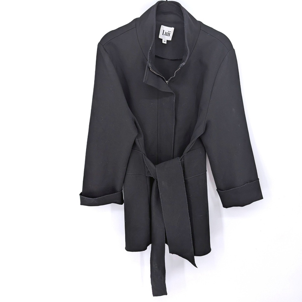 Luii Jacket Women Medium Black Belted Ponte Zip Up Funnel Neck Minimalist Chic